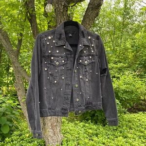 Denim Black Pearl Embellished Distressed Jean Jacket
